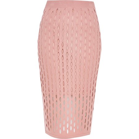 Pink mesh fitted midi skirt | River Island