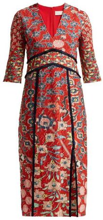 Floral Printed Jacquard Midi Dress - Womens - Red Multi