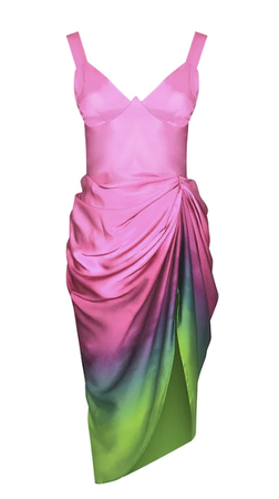 forever unique PURPLE AND GREEN OMBRE MIDI DRESS WITH DRAPED SKIRT