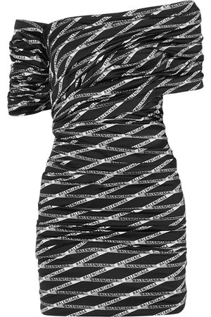 Balenciaga | Off-the-shoulder ruched printed stretch-satin mini dress | NET-A-PORTER.COM