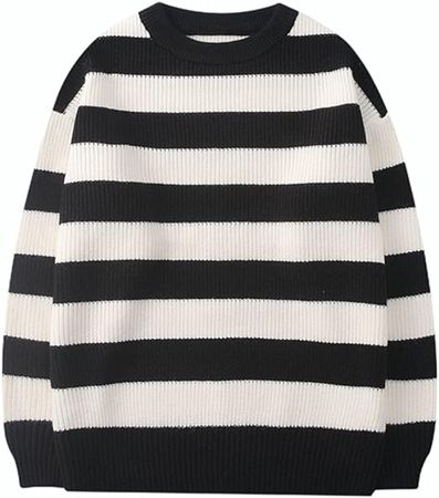 LifeShe Women's Men Striped Sweater Pullovers Oversized Knitted Jumpers Sweatershirts Streetwear at Amazon Women’s Clothing store