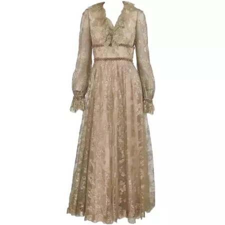 1970s Malcolm Starr ethereal gold lace evening dress For Sale at 1stDibs