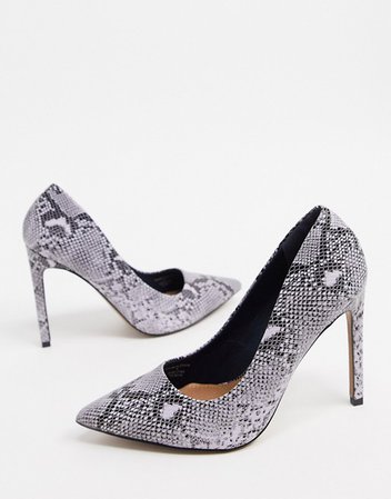 ASOS DESIGN Wide Fit Porto pointed high heeled pumps in warm gray snake | ASOS