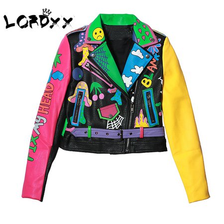 LORDXX Colorful Rainbow Jacket Women 2019 New Fashion print yellow sleeve Street Short Leather Jacket Zipper Motorcycle Coat-in Jackets from Women's Clothing on AliExpress