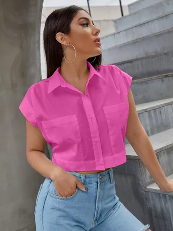 Pocket Patched Button Up Blouse | SHEIN USA