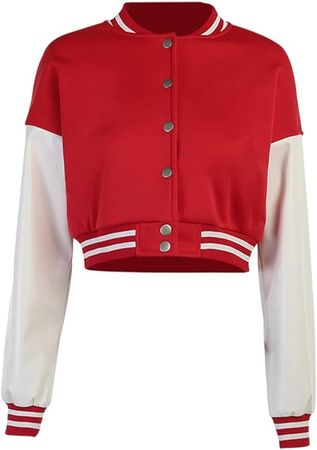 Amazon.com: qfmqkpi Women Color block Crop Fleece Baseball Jacket Button Down Bomber Coats Sweatshirt : Clothing, Shoes & Jewelry