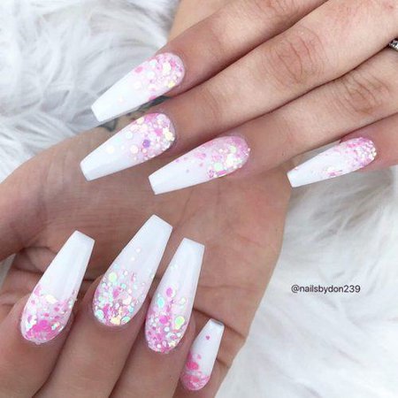 coffin hot pink and white nails - Google Search