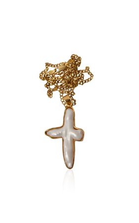 Pearly Cross 14k Gold-Plated Necklace By Mudd Pearl | Moda Operandi