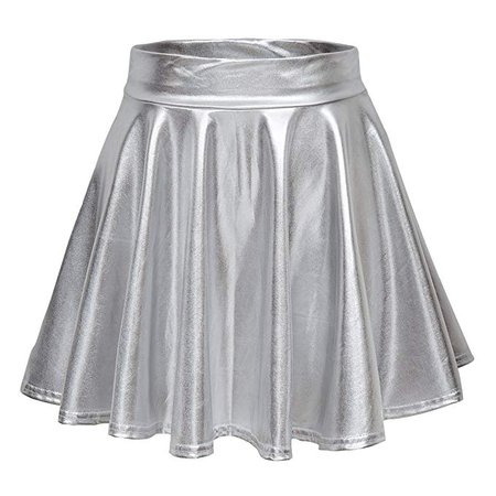 Urban CoCo Women's Shiny Flared Pleated Mini Skater Skirt (XL, Silver) at Amazon Women’s Clothing store: