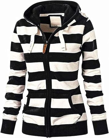Bidobibo Women's Zip Up Hoodie Black and White Striped Sweater Shirt Women Graphic Trendy Long Sleeve Casual Sweatshirts Coat at Amazon Women’s Clothing store