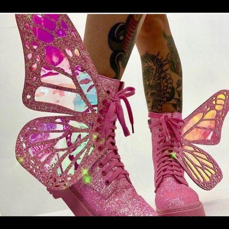 Illusional Butterfly | Pastel Goth/Girly Pink Sparkle Boots w/ Butterfly Wings