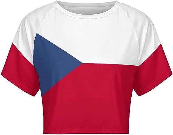 Women's Round Neck Short Sleeve Cubann Flag Navel Exposed T-Shirt Slim Casual Crop Tops at Amazon Women’s Clothing store