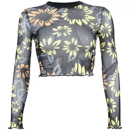 Women Sexy See through Crop Top Sunflower Pattern Long sleeved Sheer Mesh Top T shirt Summer|T-Shirts| - AliExpress