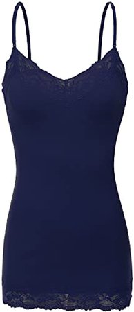 RT1004 Ladies Adjustable Spaghetti Strap Lace Trim Long Tunic Cami Tank Top Navy S at Amazon Women’s Clothing store