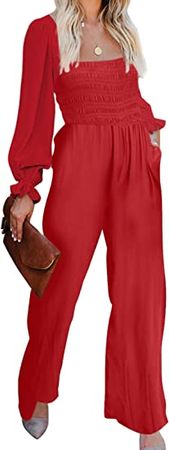 Amazon.com: Ecrocoo Womens Long Sleeve Square Neck High Waisted Loose Solid Long Wide Leg Jumpsuits Rompers,Red M : Clothing, Shoes & Jewelry