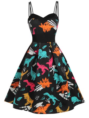 [37% OFF] 2021 Dinosaur Print Dual Strap Dress In BLACK | DressLily