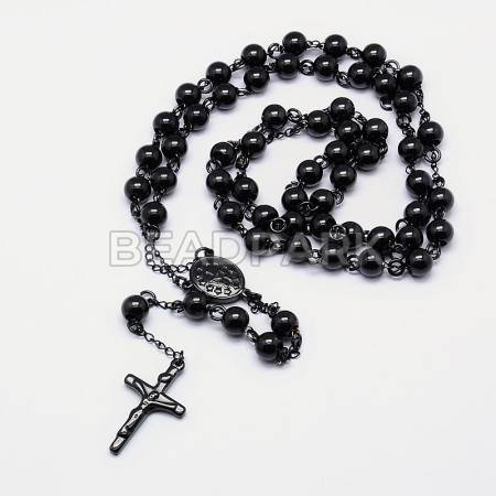 Men's Rosary Bead Necklace with Crucifix Cross, 304 Stainless Steel Necklace for Easter, Black, 19.7"(50cm) - BeadPark.com |online beads paradise