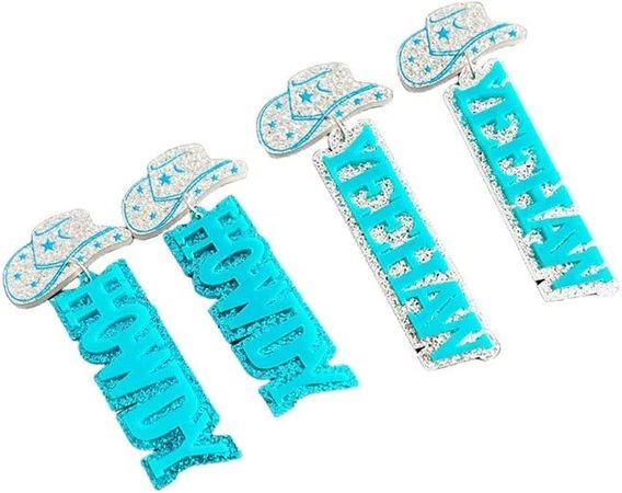 Amazon.com: 2 Pairs Blue Western Earrings Rodeo Cowboy Dangle Earrings for Women Girls,Acrylic Glitter Disco Cowgirl HOWDY Hat YEEHAW Drop Dangling Earrings Jewelry,Country Concert Nashville Bachelorette Party Outfits : Clothing, Shoes & Jewelry