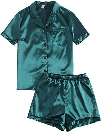 SweatyRocks Women's Short Sleeve Sleepwear Button Down Satin 2 Piece Pajama Set at Amazon Women’s Clothing store