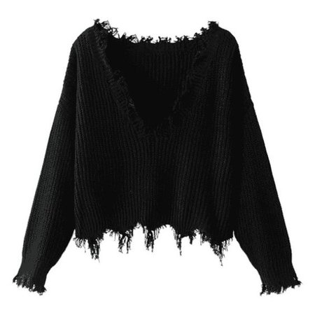 Loose Ripped V Neck Sweater Black