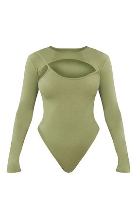 Khaki Marl Jersey Overlay Bodysuit | PrettyLittleThing USA