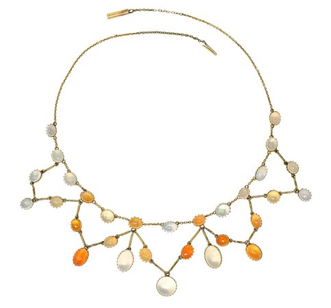 Art Nouveau Jelly Opal and Fire Opal 14 Karat Gold Swag Necklace For Sale at 1stDibs