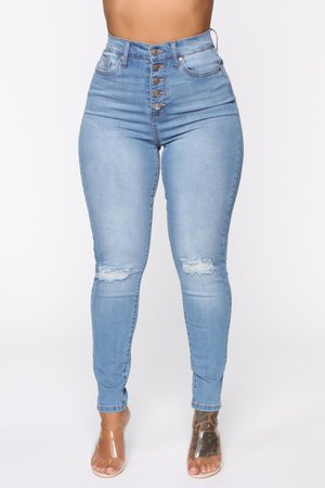 Bad Trip Exposed Button Skinny Jeans - Light Blue Wash