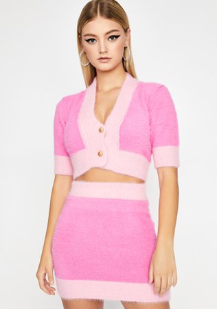 Baby Pink Fuzzy Crop Top High Waist Button Front Mini Skirt Set | Dolls Kill