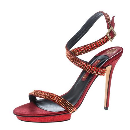 Gina Red Crystal Embellished Suede Ankle Wrap Open Toe Sandals Size 41 For Sale at 1stdibs