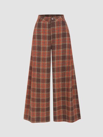 Flannel Check Button Wide Leg Trousers - Cider