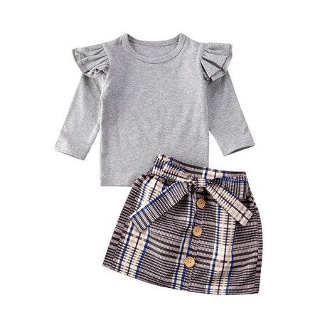 Little Girl Fall Outfit Long Sleeve Ruffle T-Shirt Tops Bowknot Pleated Mini Skirt Dress Clothes Set - Walmart.com