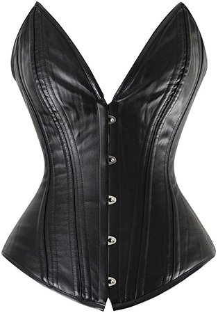*clipped by @luci-her* Deep V Neckline Faux Leather Steel Boned Body Shaper Overbust Corset