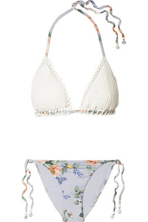 Zimmermann | Bowie crochet and floral-print triangle bikini | NET-A-PORTER.COM