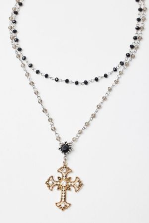 Beaded Cross Rosary Necklace Black | Garage