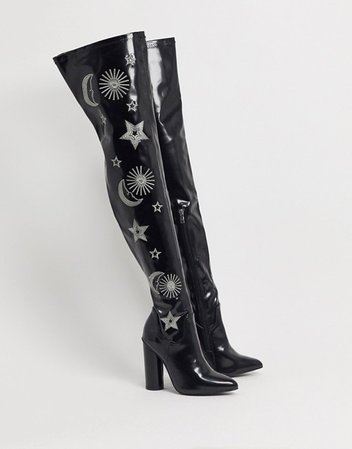 Koi London vegan Astrid over the knee boots in black and silver | ASOS