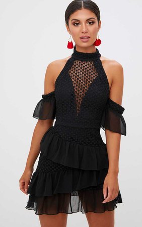 Black Crochet Mesh Frill Detail Bodycon Dress. Dresses | PrettyLittleThing