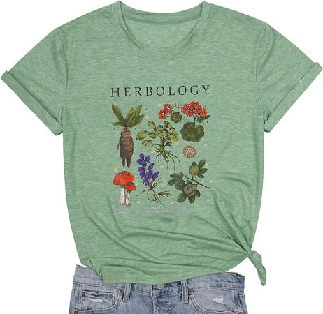 MAXIMGR Women Herbology T Shirt Herbology Plants Tee Top Funny Magic Herb Graphic Tee Short Sleeve Casual Tee (Light Green, XL) at Amazon Women’s Clothing store