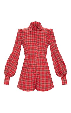 RED CHECK PUFF SLEEVE BUTTON UP ROMPER