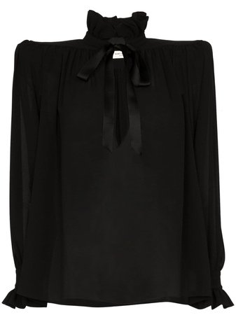 Black Saint Laurent Structured-shoulder Silk Blouse | Farfetch.com