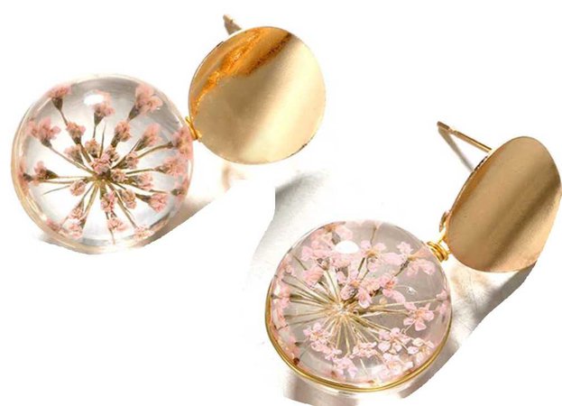 Gold With Real Pink Flower Glass Ball Earrings