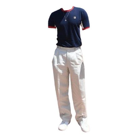 navy blue t shirt off white pants sneakers shoes full outfit png