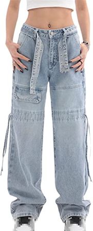 Women Straight Wide Leg Jeans Retro Pockets Patchwork Baggy Jeans Lace Up Belt Streetwear Denim Trouser at Amazon Women's Jeans store