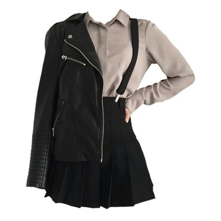 Long Sleeve Tan Collar Shirt, Black Skirt w/ Suspenders & Black Leather Jacket (png)