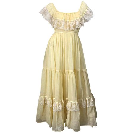 1970s Pale Light Yellow Cotton Voile + Lace Vintage Boho 70s Maxi Dress For Sale at 1stdibs