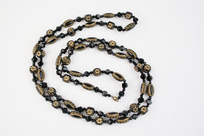 1920s Beaded Necklace Black Gold Glass Beads Art Deco Sautoir | Etsy