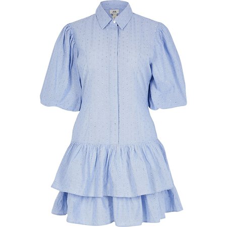 Blue puff sleeve shirt mini dress | River Island