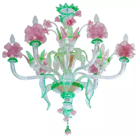 Handcrafted Italian "Flower" Murano Glass Chandelier Green and Pink 1990s For Sale at 1stDibs | pink and green chandelier, italian glass chandelier