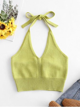 Solid Knitted Halter Crop Top In GREEN | ZAFUL