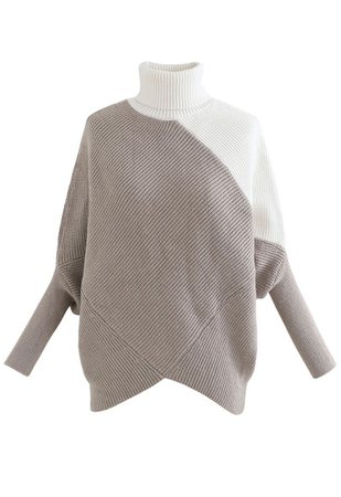 Turtleneck Batwing Sleeve Asymmetric Knit Sweater in Taupe - Retro, Indie and Unique Fashion