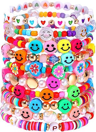 Amazon.com: HZEYN Beaded Bracelet Set Stack Colorful Cute Happy Face Charm Pearl Heishi Beaded Stretchy Bracelet Summer Beach Bracelet Jewelry (Rainbow-10pcs): Clothing, Shoes & Jewelry